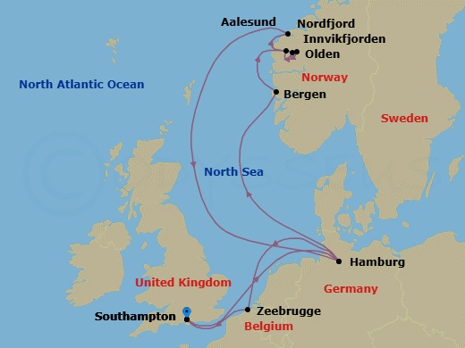 11 Night - Norwegian Fjords - Queen Mary 2 - Starting in Southampton, England, UK, Hamburg, Germany, Bergen, Norway, Olden, Norway, Innvikfjorden, Norway (Scenic Cruising), Nordfjord, Norway (Scenic Cruising), Alesund, Norway, Hamburg, Germany, Zeebrugge (tours to Bruges), Belgium, Southampton, England, UK itinerary map