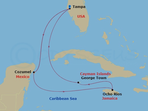 7 Night - Jamaica & Western Caribbean - Margaritaville Islander - Starting in Port Tampa Bay, Cozumel, Mexico, Ocho Rios, Jamaica, George Town, Grand Cayman, Port Tampa Bay itinerary map
