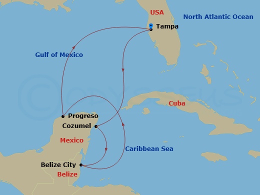 7 Night - Belize & Mexico - Margaritaville Islander - Starting in Port Tampa Bay, Cozumel, Mexico, Belize City, Belize, Progreso, Mexico, Port Tampa Bay itinerary map