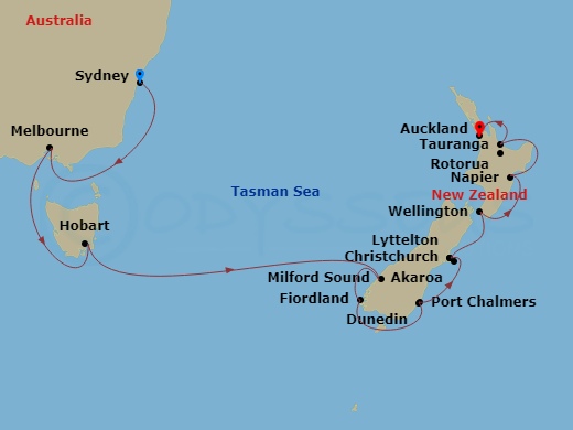 14 Night - Australia & New Zealand - Noordam - Starting in Sydney AU, Melbourne, Australia, Hobart, Tasmania, Australia, Milford Sound, New Zealand, Cruising Fiordland Natl Park, Port Chalmers (Dunedin), New Zealand, Lyttelton (Christchurch), New Zealand, Picton, New Zealand, Wellington, New Zealand, Napier, New Zealand, Tauranga (Rotorua), New Zealand, Auckland, New Zealand itinerary map