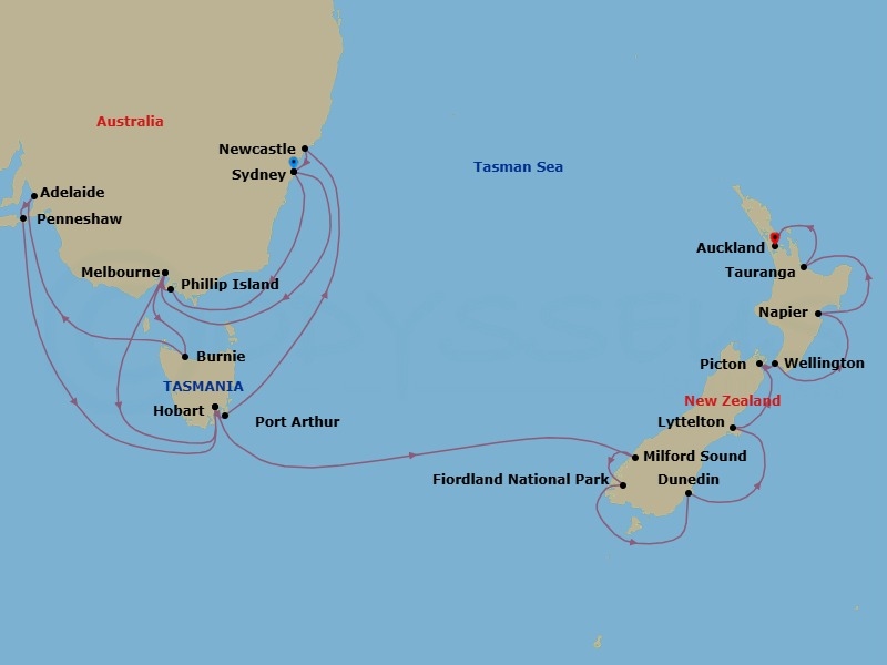 28 Night - South Australia & New Zealand Holiday - Noordam - Starting in Sydney AU, Phillip Island, Victoria AU, Australia, Melbourne, Australia, Burnie, Tasmania, Australia, Adelaide, South Australia, Australia, Penneshaw, Kangaroo Island, Australia, Hobart, Tasmania, Australia, Port Arthur, Australia, Newcastle AU, New South Wales, Australia, Sydney AU, Melbourne, Australia, Hobart, Tasmania, Australia, Milford Sound, New Zealand, Cruising Fiordland Natl Park, Port Chalmers (Dunedin), New Zealand, Lyttelton (Christchurch), New Zealand, Picton, New Zealand, Wellington, New Zealand, Napier, New Zealand, Tauranga (Rotorua), New Zealand, Auckland, New Zealand itinerary map