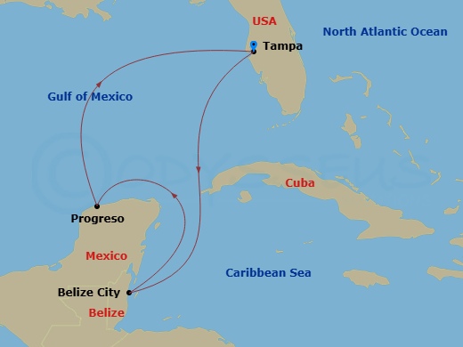 6 Night - Belize & Progreso - Margaritaville Islander - Starting in Port Tampa Bay, Belize City, Belize, Progreso, Mexico, Port Tampa Bay itinerary map