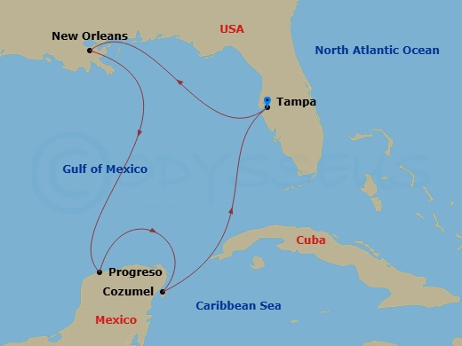7 Night - New Orleans & Mexico - Margaritaville Islander - Starting in Port Tampa Bay, New Orleans, La, Progreso, Mexico, Cozumel, Mexico, Port Tampa Bay itinerary map