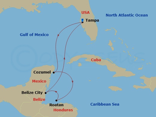 6 Night - Mexico & Western Caribbean - Margaritaville Islander - Starting in Port Tampa Bay, Cozumel, Mexico, Roatan, Honduras, Belize City, Belize, Port Tampa Bay itinerary map