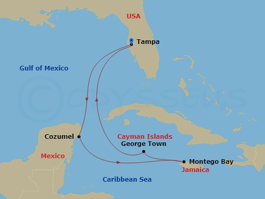 7 Night - Jamaica & Western Caribbean - Margaritaville Islander - Starting in Port Tampa Bay, Cozumel, Mexico, Montego Bay, Jamaica, George Town, Grand Cayman, Port Tampa Bay itinerary map