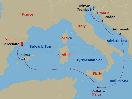 7 Night - Central Mediterranean - Queen Victoria - Starting in Trieste, Italy, Zadar, Croatia, Dubrovnik, Croatia, Valletta, Malta, Palma De Mallorca, Spain, Barcelona, Spain itinerary map
