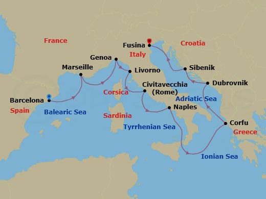 12 Night - Mediterranean Odyssey - Viking Astrea - Starting in Barcelona, Marseille, Genoa, Florence / Pisa (Livorno), Rome (Civitavecchia), Naples, Sail the Ionian Sea, Corfu (Kerkyra), Dubrovnik, Croatia, Sibenik, Venice (Fusina) itinerary map
