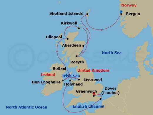 14 Night - British Isles Explorer - Viking Libra - Starting in Bergen, Shetland Islands (Lerwick), Aberdeen, Rosyth (Edinburgh), Orkney Islands (Kirkwall), The Highlands (Ullapool), Belfast (Bangor UK), Northern Ireland, Dublin (Dun Laoghaire), Liverpool, Holyhead, Scenic Sailing English Channel, Dover UK, London (Greenwich) itinerary map