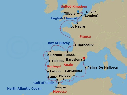 18 Night - Iconic Western Europe - Viking Mira - Starting in London (Tilbury), Dover UK, Paris (Le Havre), Sail the Atlantic Ocean, Bordeaux, Bilbao, A Coruna, Porto (Leixoes), Lisbon, Seville (Cadiz), Tangier, Granada (Malaga), Murcia (Cartagena ES, Spain), Palma De Mallorca, Barcelona itinerary map