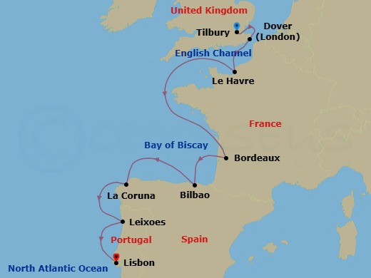 11 Night - Iberia, France & England Explorer - Viking Mira - Starting in London (Tilbury), Dover UK, Paris (Le Havre), Sail the Atlantic Ocean, Bordeaux, Bilbao, A Coruna, Porto (Leixoes), Lisbon itinerary map