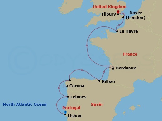 11 Night - Iberia, France & England Explorer - Viking Mira - Starting in Lisbon, Porto (Leixoes), A Coruna, Bilbao, Bordeaux, Sail the Atlantic Ocean, Paris (Le Havre), Dover UK, London (Tilbury) itinerary map