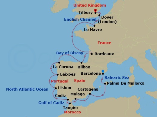 18 Night - Iconic Western Europe - Viking Mira - Starting in Barcelona, Palma De Mallorca, Murcia (Cartagena ES, Spain), Granada (Malaga), Tangier, Seville (Cadiz), Lisbon, Porto (Leixoes), A Coruna, Bilbao, Bordeaux, Sail the Atlantic Ocean, Paris (Le Havre), Dover UK, London (Tilbury) itinerary map