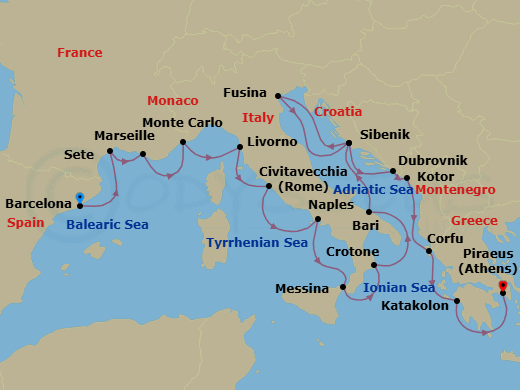 21 Night - Mediterranean & Adriatic Sojourn - Viking Mira - Starting in Barcelona, Sete, Marseille, Monte Carlo, Florence / Pisa (Livorno), Rome (Civitavecchia), Naples, Sicily (Messina), Crotone, Bari, Sibenik, Venice (Fusina), Sibenik, Dubrovnik, Croatia, Kotor, Corfu (Kerkyra), Katakolon (Olympia), Athens (Piraeus) itinerary map