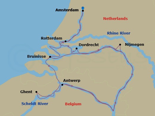 9 Night - Tulip Time with Amsterdam Pre-Cruise - AmaSofia Tours - Starting in Amsterdam, Bruinisse, Ghent, Bruinisse, Antwerp, Nijmegen, Dordrecht, Rotterdam, Amsterdam itinerary map