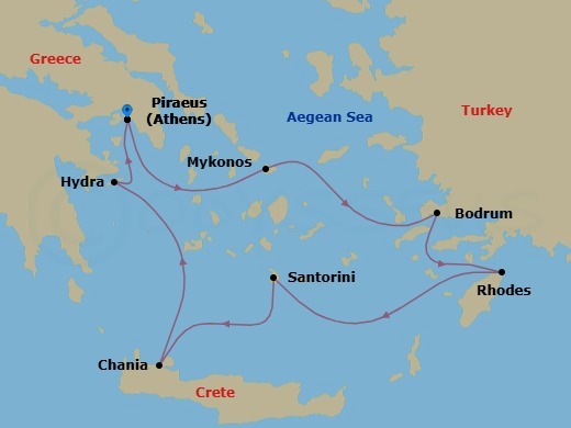 7 Night - Classical Greece - Emerald Kaia - Starting in Athens (Piraeus), Greece, Mykonos, Greece, Bodrum, Turkey, Rhodes, Greece, Santorini, Greece, Chania, Greece, Hydra, Greece, Athens (Piraeus), Greece itinerary map