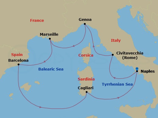 7 Night - Europe Roundtrip from Naples - Costa Toscana - Starting in Naples, Italy, Bahia De Capri, Civitavecchia / Rome, Genoa / Portofino, Bahia Del Parque Nacional De Las Calanques, Marseille, France, Barcelona, Spain, El punto mas oscuro del mar de las, Balearic Islands, Cagliari, Italy, Naples, Italy itinerary map
