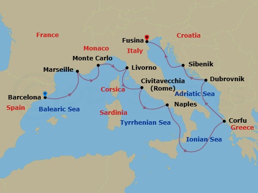 12 Night - Mediterranean Odyssey - Viking Vela - Starting in Barcelona, Marseille, Monte Carlo, Florence / Pisa (Livorno), Rome (Civitavecchia), Naples, Sail the Ionian Sea, Corfu (Kerkyra), Dubrovnik, Croatia, Sibenik, Venice (Fusina) itinerary map