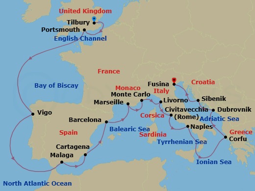 19 Night - Iberian & Mediterranean Odyssey - Viking Vela - Starting in London (Tilbury), Portsmouth UK, Sail the Atlantic Ocean, Vigo, Scenic Sailing Strait of Gibraltar, Granada (Malaga), Murcia (Cartagena ES, Spain), Barcelona, Marseille, Monte Carlo, Florence / Pisa (Livorno), Rome (Civitavecchia), Naples, Sail the Ionian Sea, Corfu (Kerkyra), Dubrovnik, Croatia, Sibenik, Venice (Fusina) itinerary map