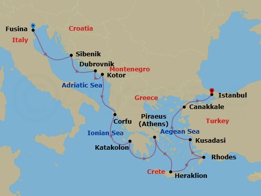 14 Night - Ancient Adriatic Treasures - Viking Neptune - Starting in Venice (Fusina), Sibenik, Dubrovnik, Croatia, Kotor, Corfu (Kerkyra), Katakolon (Olympia), Athens (Piraeus), Crete (Heraklion), Rhodes, Ephesus (Kusadasi), Troy (Canakkale), Istanbul itinerary map