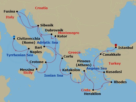 21 Night - Adriatic & Mediterranean Sojourn - Viking Neptune - Starting in Rome (Civitavecchia), Naples, Sicily (Messina), Crotone, Bari, Sibenik, Venice (Fusina), Sibenik, Dubrovnik, Croatia, Kotor, Corfu (Kerkyra), Katakolon (Olympia), Athens (Piraeus), Crete (Heraklion), Rhodes, Ephesus (Kusadasi), Troy (Canakkale), Istanbul itinerary map