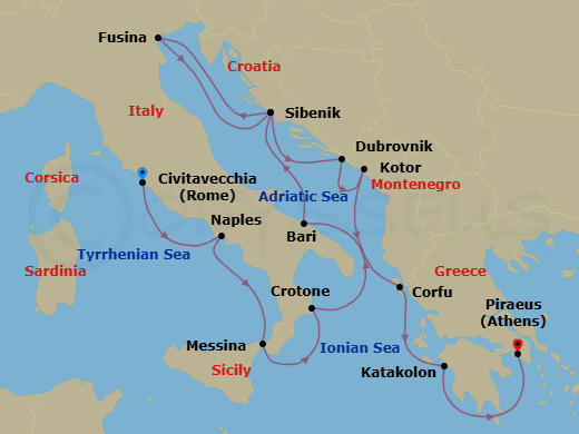 14 Night - Italy, the Adriatic & Greece - Viking Neptune - Starting in Rome (Civitavecchia), Naples, Sicily (Messina), Crotone, Bari, Sibenik, Venice (Fusina), Sibenik, Dubrovnik, Croatia, Kotor, Corfu (Kerkyra), Katakolon (Olympia), Athens (Piraeus) itinerary map