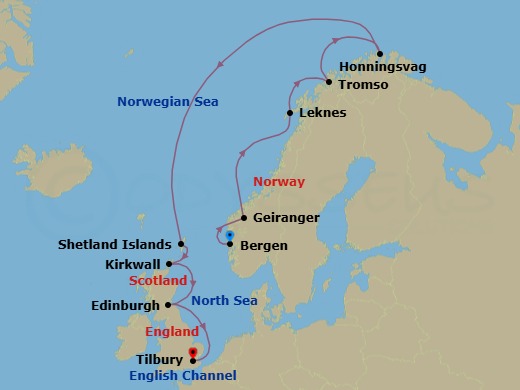 14 Night - Into the Midnight Sun - Viking Mars - Starting in Bergen, Geiranger, Norway, Sail the Norwegian Sea, Lofoten (Leknes), Tromso, Honningsvag, Sail the Norwegian Sea, Shetland Islands (Lerwick), Orkney Islands (Kirkwall), Edinburgh (Newhaven Harbour), Sail the North Sea, London (Tilbury) itinerary map