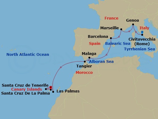 10 Night - Western Mediterranean from Rome (Civitavecchia) to Santa Cruz de Tenerife - Costa Smeralda - Starting in Civitavecchia (Rome), Genoa (Portofino), Marseille, Barcelona, Malaga, Tangier, Las Palmas (Gran Canaria), Santa Cruz de La Palma, Santa Cruz de Tenerife itinerary map