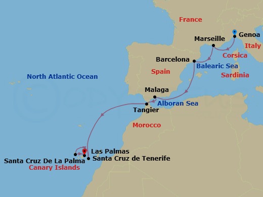 9 Night - Cruise from Genoa to Santa Cruz de Tenerife - Costa Smeralda - Starting in Genoa (Portofino), Marseille, Barcelona, Malaga, Tangier, Las Palmas (Gran Canaria), Santa Cruz de La Palma, Santa Cruz de Tenerife itinerary map