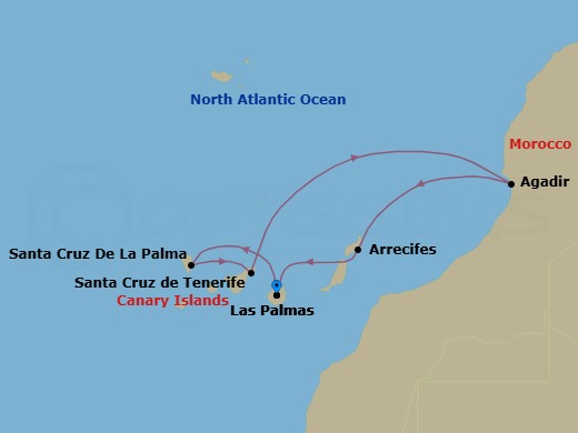 7 Night - Western Mediterranean from Las Palmas (Gran Canaria) - Costa Smeralda - Starting in Las Palmas (Gran Canaria), Santa Cruz de La Palma, Santa Cruz de Tenerife, Agadir, Arrecife (Lanzarote), Las Palmas (Gran Canaria) itinerary map