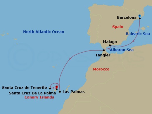 8 Night - Western Mediterranean from Barcelona - Costa Smeralda - Starting in Barcelona, Malaga, Tangier, Las Palmas (Gran Canaria), Santa Cruz de La Palma, Santa Cruz de Tenerife itinerary map