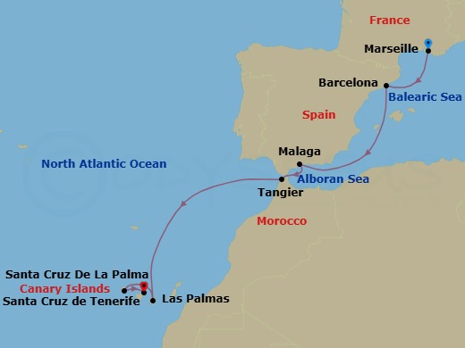 9 Night - Western Mediterranean from Marseille - Costa Smeralda - Starting in Marseille, Barcelona, Malaga, Tangier, Las Palmas (Gran Canaria), Santa Cruz de La Palma, Santa Cruz de Tenerife itinerary map