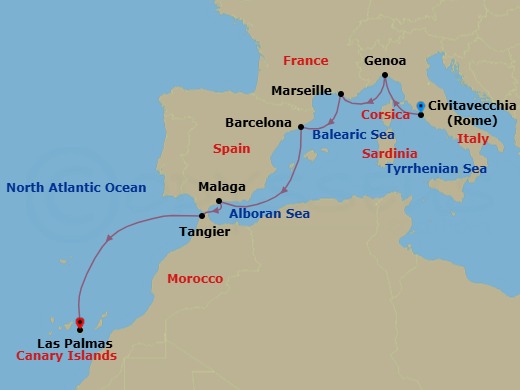 8 Night - Western Mediterranean from Rome (Civitavecchia) to Las Palmas - Costa Smeralda - Starting in Civitavecchia (Rome), Genoa (Portofino), Marseille, Barcelona, Malaga, Tangier, Las Palmas (Gran Canaria) itinerary map