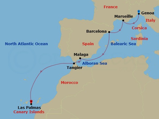 7 Night - Cruise from Genoa to Las Palmas - Costa Smeralda - Starting in Genoa (Portofino), Marseille, Barcelona, Malaga, Tangier, Las Palmas (Gran Canaria) itinerary map