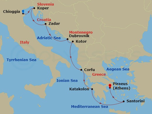 9 Night - Empires of the Mediterranean - Viking Jupiter - Starting in Venice (Chioggia), Koper, Zadar, Dubrovnik, Croatia, Kotor, Corfu (Kerkyra), Katakolon (Olympia), Santorini (Thira), Athens (Piraeus) itinerary map