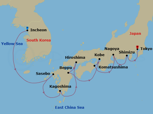 13 Night - Incheon to Tokyo - Silver Muse - Starting in Incheon (Seoul), Sasebo (Uragashira), Kagoshima (Kyushu Island), Hiroshima, Beppu (Kyushu Island), Kobe, Komatsushima, Nagoya, Shimizu, Tokyo itinerary map