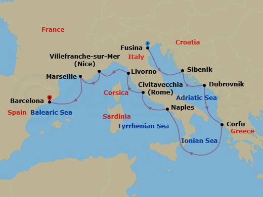 12 Night - Mediterranean Odyssey - Viking Sea - Starting in Venice (Fusina), Sibenik, Dubrovnik, Croatia, Corfu (Kerkyra), Sail the Ionian Sea, Naples, Rome (Civitavecchia), Florence / Pisa (Livorno), Villefranche-Sur-Mer, Marseille, Barcelona itinerary map