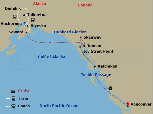 11 Night - Mountain Valley Explorer Ct 3B - Anthem of the Seas Tours - Starting in Anchorage, Alaska, Denali, Alaska, Talkeetna, Alaska, Anchorage, Alaska, Alyeska (Girdwood), Alaska, Seward, Alaska, Alyeska (Girdwood), Alaska, Seward, Alaska, Hubbard Glacier (Cruising), Juneau, Alaska, Skagway, Alaska, Icy Strait Point, Alaska, Ketchikan, Alaska, Vancouver, British Columbia itinerary map