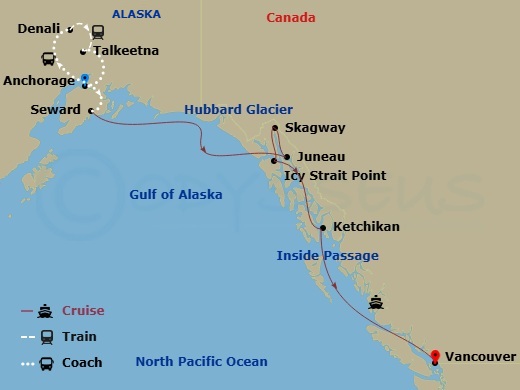 10 Night - Tundra Explorers Family Ct 9B - Anthem of the Seas Tours - Starting in Anchorage, Alaska, Denali, Alaska, Talkeetna, Alaska, Anchorage, Alaska, Seward, Alaska, Anchorage, Alaska, Seward, Alaska, Hubbard Glacier (Cruising), Juneau, Alaska, Skagway, Alaska, Icy Strait Point, Alaska, Ketchikan, Alaska, Vancouver, British Columbia itinerary map