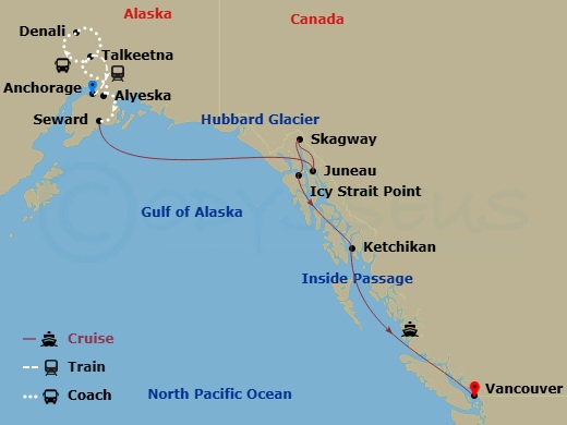 10 Night - Alaska Wildlife Explorer Ct 1B - Anthem of the Seas Tours - Starting in Anchorage, Alaska, Talkeetna, Alaska, Denali, Alaska, Talkeetna, Alaska, Alyeska (Girdwood), Alaska, Anchorage, Alaska, Seward, Alaska, Hubbard Glacier (Cruising), Juneau, Alaska, Skagway, Alaska, Icy Strait Point, Alaska, Ketchikan, Alaska, Vancouver, British Columbia itinerary map