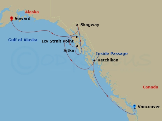 7 Night - Northbound Alaska & Hubbard Glacier - Anthem of the Seas - Starting in Vancouver, British Columbia, Ketchikan (Ward Cove), Alaska, Icy Strait Point, Alaska, Sitka, Alaska, Skagway, Alaska, Hubbard Glacier (Cruising), Seward, Alaska itinerary map