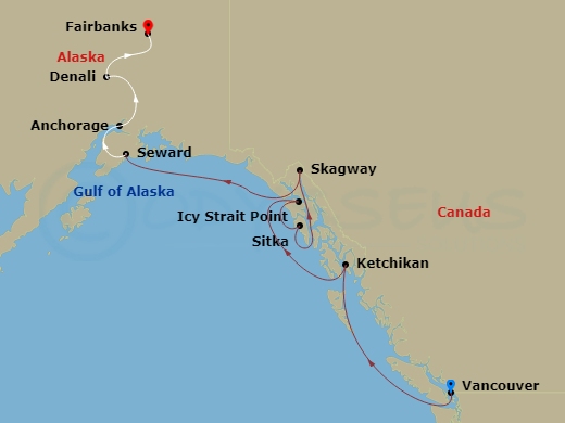 12 Night - Fjord, Tundra & National Parks Ct 6A - Anthem of the Seas Tours - Starting in Vancouver, British Columbia, Ketchikan (Ward Cove), Alaska, Icy Strait Point, Alaska, Sitka, Alaska, Skagway, Alaska, Hubbard Glacier (Cruising), Seward, Alaska, Anchorage, Alaska, Denali, Alaska, Fairbanks, Alaska itinerary map