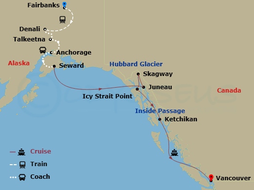 13 Night - Grand Mountains & Wildlife Ult Ct 7B - Anthem of the Seas Tours - Starting in Fairbanks, Alaska, Denali, Alaska, Talkeetna, Alaska, Anchorage, Alaska, Seward, Alaska, Hubbard Glacier (Cruising), Juneau, Alaska, Skagway, Alaska, Icy Strait Point, Alaska, Ketchikan, Alaska, Vancouver, British Columbia itinerary map