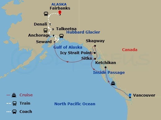 13 Night - Grand Mountains & Wildlife Ult Ct 7A - Anthem of the Seas Tours - Starting in Vancouver, British Columbia, Ketchikan (Ward Cove), Alaska, Icy Strait Point, Alaska, Sitka, Alaska, Skagway, Alaska, Hubbard Glacier (Cruising), Seward, Alaska, Anchorage, Alaska, Seward, Alaska, Anchorage, Alaska, Talkeetna, Alaska, Denali, Alaska, Fairbanks, Alaska itinerary map