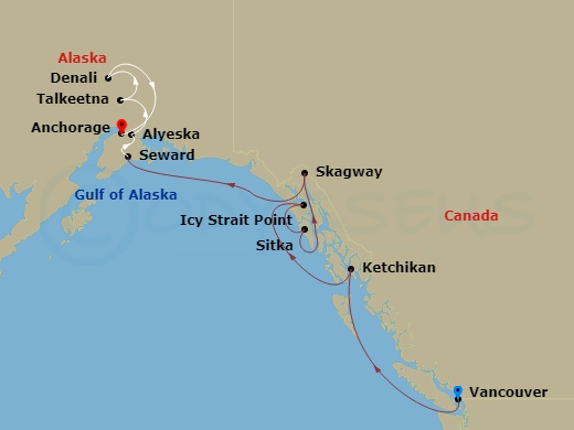 11 Night - Mountain Valley Explorer Ct 3A - Anthem of the Seas Tours - Starting in Vancouver, British Columbia, Ketchikan (Ward Cove), Alaska, Icy Strait Point, Alaska, Sitka, Alaska, Skagway, Alaska, Hubbard Glacier (Cruising), Seward, Alaska, Alyeska (Girdwood), Alaska, Talkeetna, Alaska, Denali, Alaska, Anchorage, Alaska itinerary map