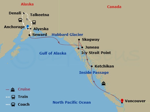 12 Night - Mountain Panorama & Alyeska Ct 5B - Anthem of the Seas Tours - Starting in Anchorage, Alaska, Talkeetna, Alaska, Denali, Alaska, Anchorage, Alaska, Alyeska (Girdwood), Alaska, Seward, Alaska, Alyeska (Girdwood), Alaska, Seward, Alaska, Hubbard Glacier (Cruising), Juneau, Alaska, Skagway, Alaska, Icy Strait Point, Alaska, Ketchikan, Alaska, Vancouver, British Columbia itinerary map