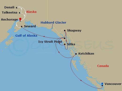 9 Night - Destination Denali Ct 11A - Anthem of the Seas Tours - Starting in Vancouver, British Columbia, Ketchikan (Ward Cove), Alaska, Icy Strait Point, Alaska, Sitka, Alaska, Skagway, Alaska, Hubbard Glacier (Cruising), Seward, Alaska, Anchorage, Alaska, Denali, Alaska, Talkeetna, Alaska, Anchorage, Alaska itinerary map