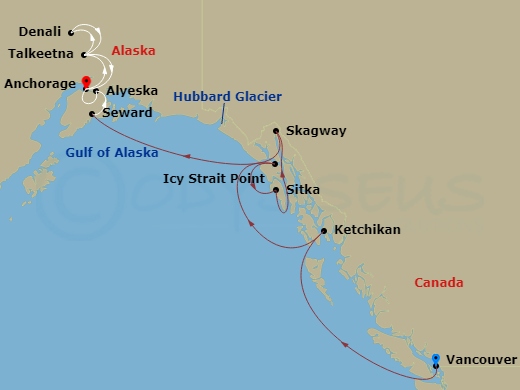 10 Night - Alaska Wildlife Explorer Ct 1A - Anthem of the Seas Tours - Starting in Vancouver, British Columbia, Ketchikan (Ward Cove), Alaska, Icy Strait Point, Alaska, Sitka, Alaska, Skagway, Alaska, Hubbard Glacier (Cruising), Seward, Alaska, Alyeska (Girdwood), Alaska, Anchorage, Alaska, Talkeetna, Alaska, Denali, Alaska, Talkeetna, Alaska, Anchorage, Alaska itinerary map