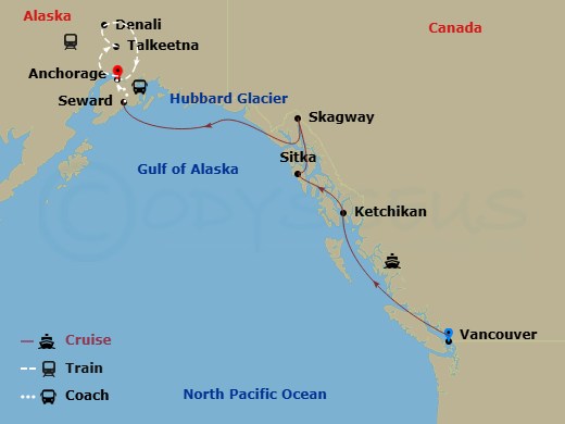 9 Night - Destination Denali Ct 11A - Anthem of the Seas Tours - Starting in Vancouver, British Columbia, Ketchikan (Ward Cove), Alaska, Sitka, Alaska, Skagway, Alaska, Hubbard Glacier (Cruising), Seward, Alaska, Anchorage, Alaska, Denali, Alaska, Talkeetna, Alaska, Anchorage, Alaska itinerary map