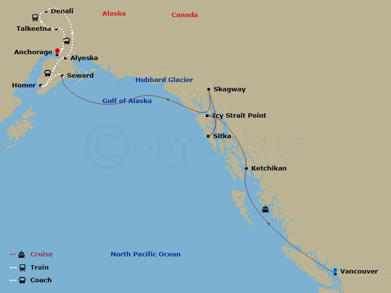 13 Night - Homer Wldlife & Heart of Ak Ult Ct10a - Anthem of the Seas Tours - Starting in Vancouver, British Columbia, Ketchikan (Ward Cove), Alaska, Icy Strait Point, Alaska, Sitka, Alaska, Skagway, Alaska, Hubbard Glacier (Cruising), Seward, Alaska, Homer, Alaska, Alyeska (Girdwood), Alaska, Denali, Alaska, Talkeetna, Alaska, Anchorage, Alaska itinerary map