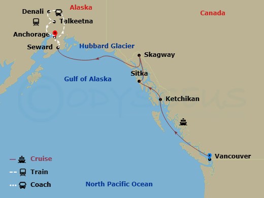 10 Night - Tundra Explorers Family Ct 9A - Anthem of the Seas Tours - Starting in Vancouver, British Columbia, Ketchikan (Ward Cove), Alaska, Sitka, Alaska, Skagway, Alaska, Hubbard Glacier (Cruising), Seward, Alaska, Anchorage, Alaska, Talkeetna, Alaska, Denali, Alaska, Anchorage, Alaska itinerary map